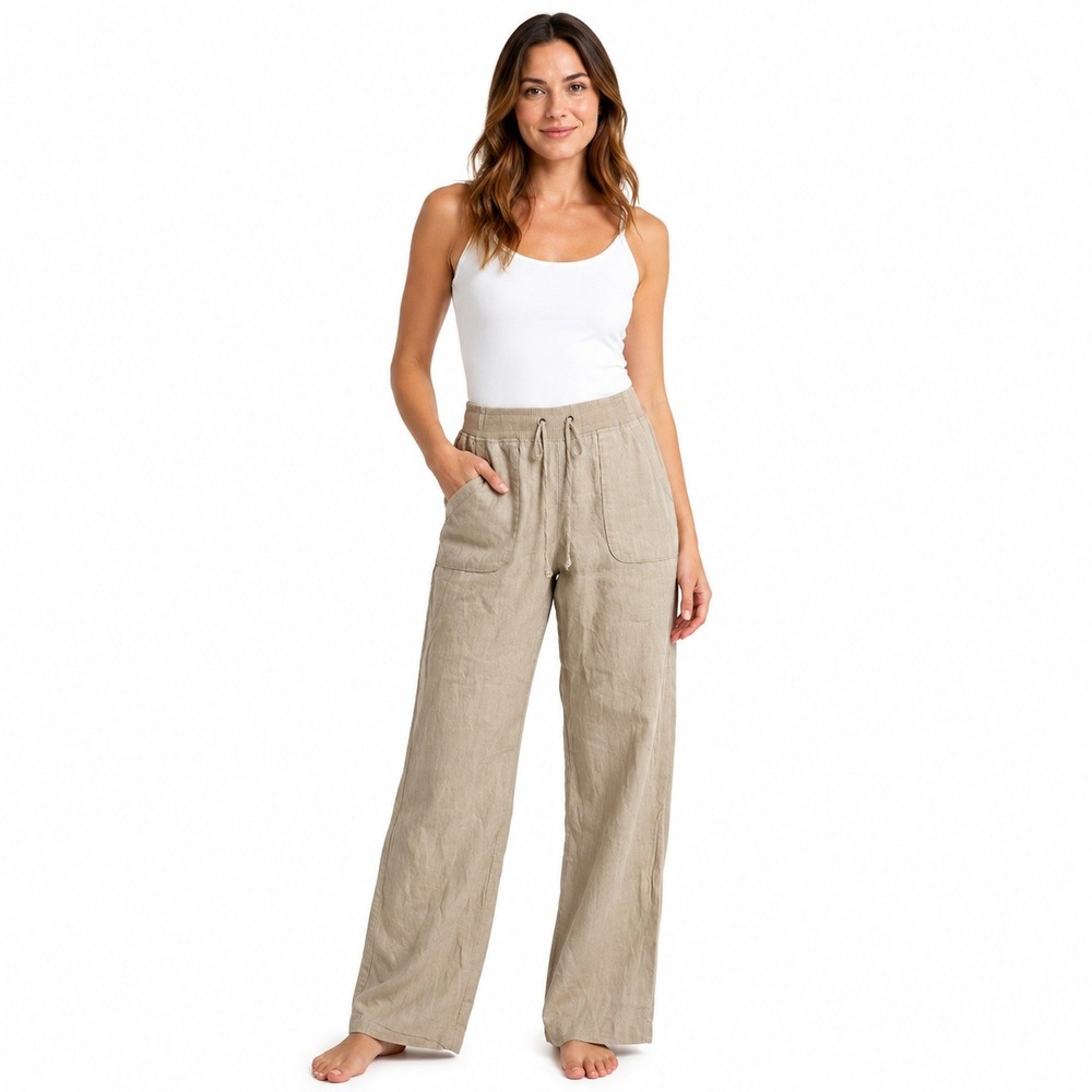 Athleta Linen Wide Leg Pants Women 12 Khaki Beige Drawstring Coastal Boho 213046